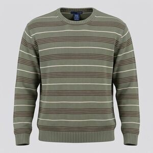 Basic Editions Mens XL Green Striped Cotton Crewneck Sweater Long Sleeve